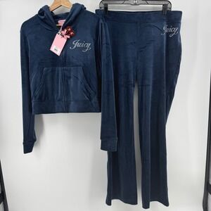 $199 Juicy Couture Large OG Bling Regal Blue Velour Tracksuit Hoodie Pant Set